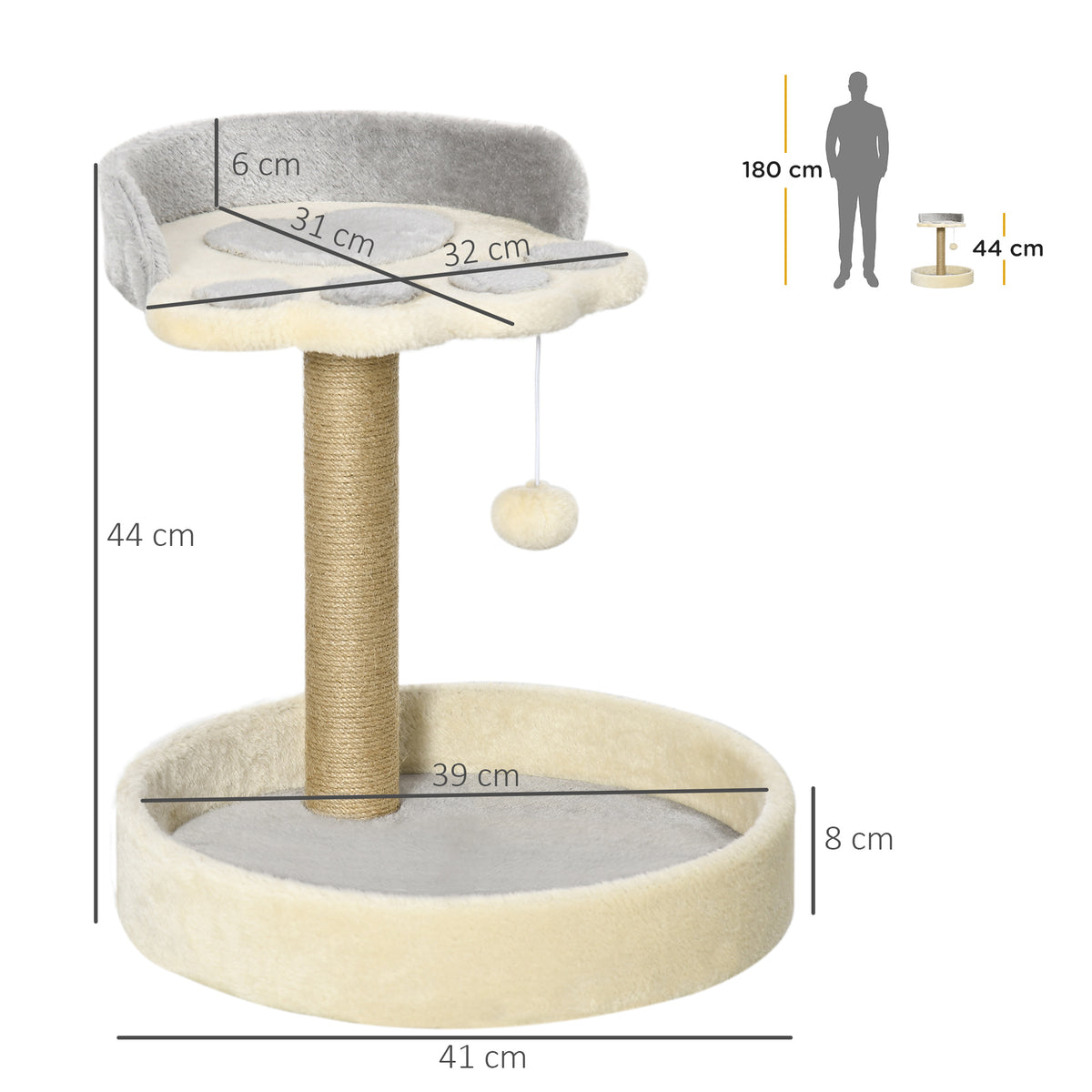Arbre à chat griffoir grattoir en forme de patte 2 plateformes et un pompon suspendu hauteur 44 cm gris-2