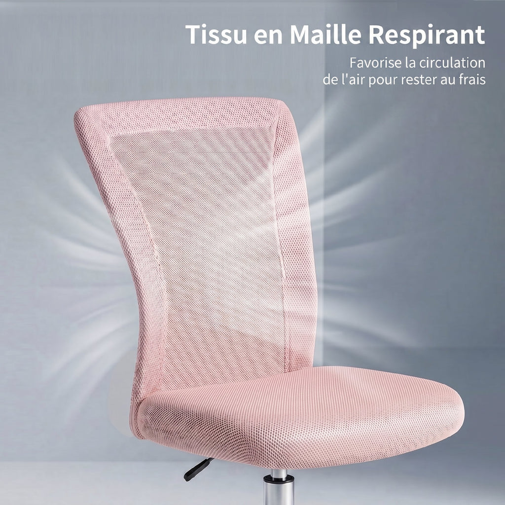 Chaise de bureau ergonomique hauteur réglable piètement chromé pivotant 360° revêtement maille rose-4