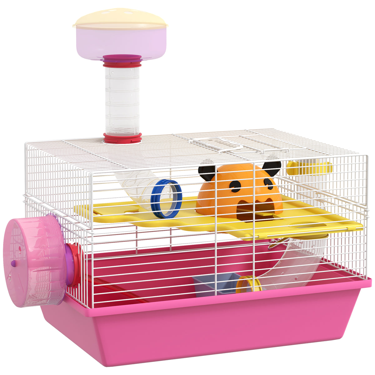 Cage à hamster rat rongeur multicolore avec plateforme, biberon eau, roue, maisonnette, 34 x 27 x 25 cm, rose-0