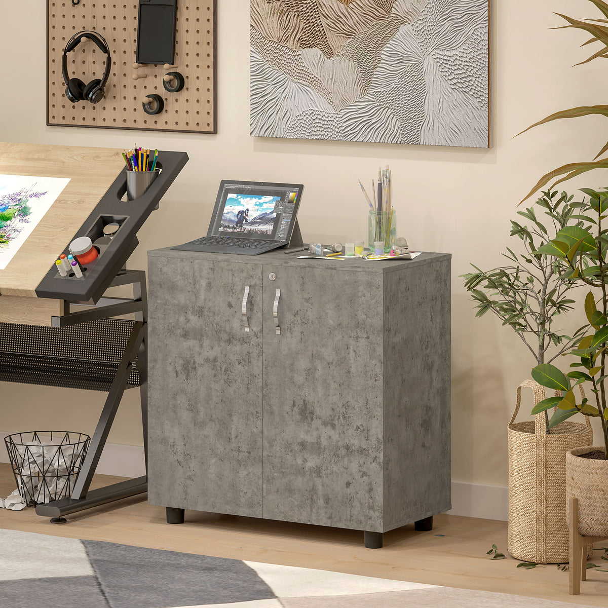 Armoire de Bureau à 2 Niveaux, Meuble de Rangement Bureau avec 2 Portes, Serrures et Clés, 80x40x80cm, Gris-6