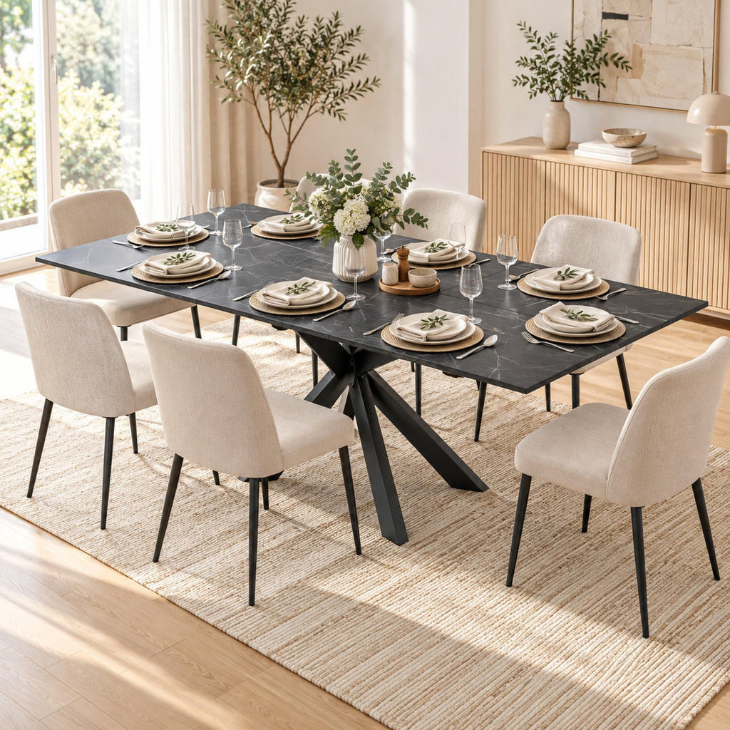 Table à Manger Extensible pour 4 à 8 Personnes, 120-160 cm, Plateau Effet Marbre, Pieds Croisés en Acier, Noir-8