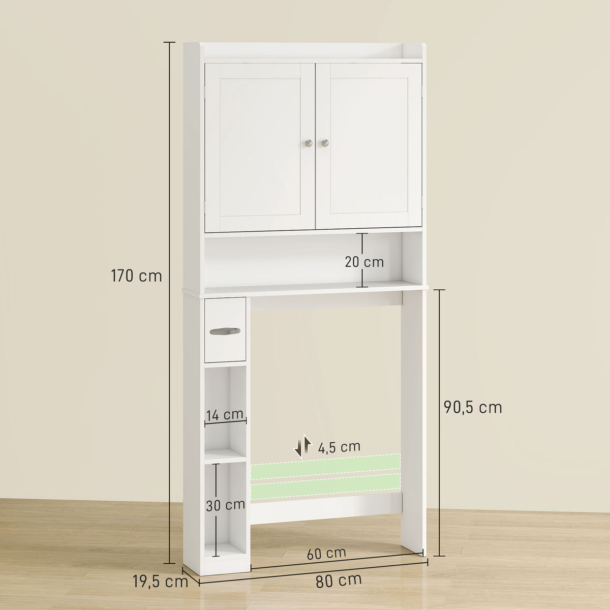 Meuble WC dessus de toilette ou machine à laver, 2 portes, 3 compartiments, porte-papier toilette, 80x19,5x170cm, blanc-2