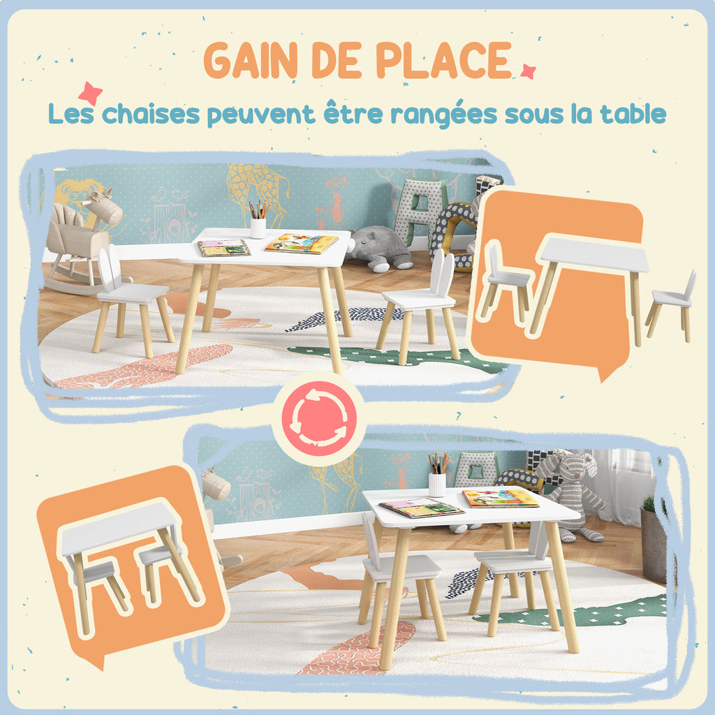 Ensemble table et 2 chaises enfant design scandinave motif oreille de lapin bois pin blanc-5