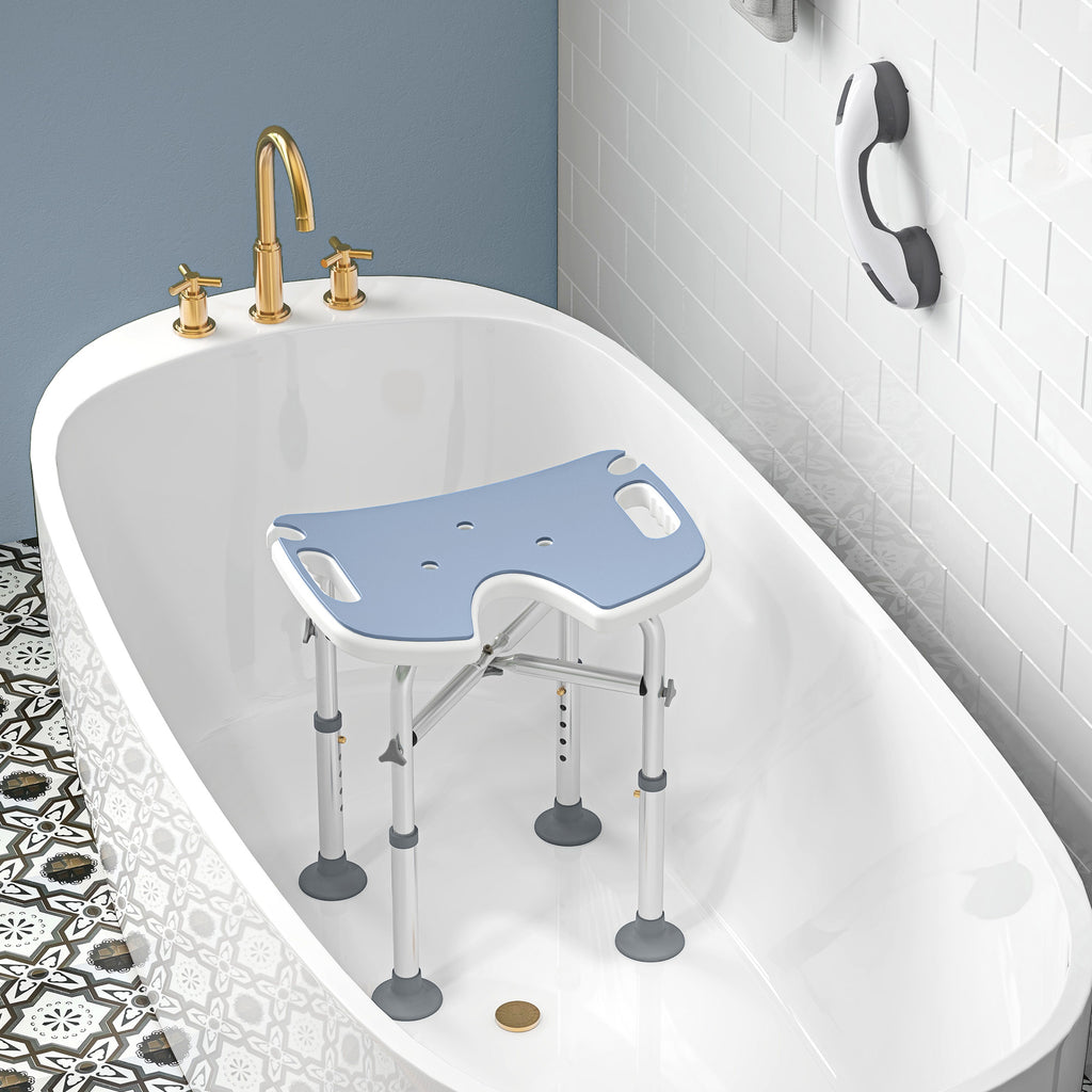 Tabouret de Douche, Hauteur Ajustable 39-51,5 cm, Barre d'Appui à Ventouse, Patins à Ventouse, Bleu Clair-7