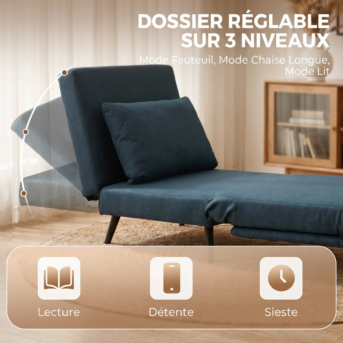Fauteuil Convertible 1 Place, Fauteuil-Lit Clic-Clac 3 en 1 avec Dossier Réglable, Oreiller, Assise Large, Bleu-4