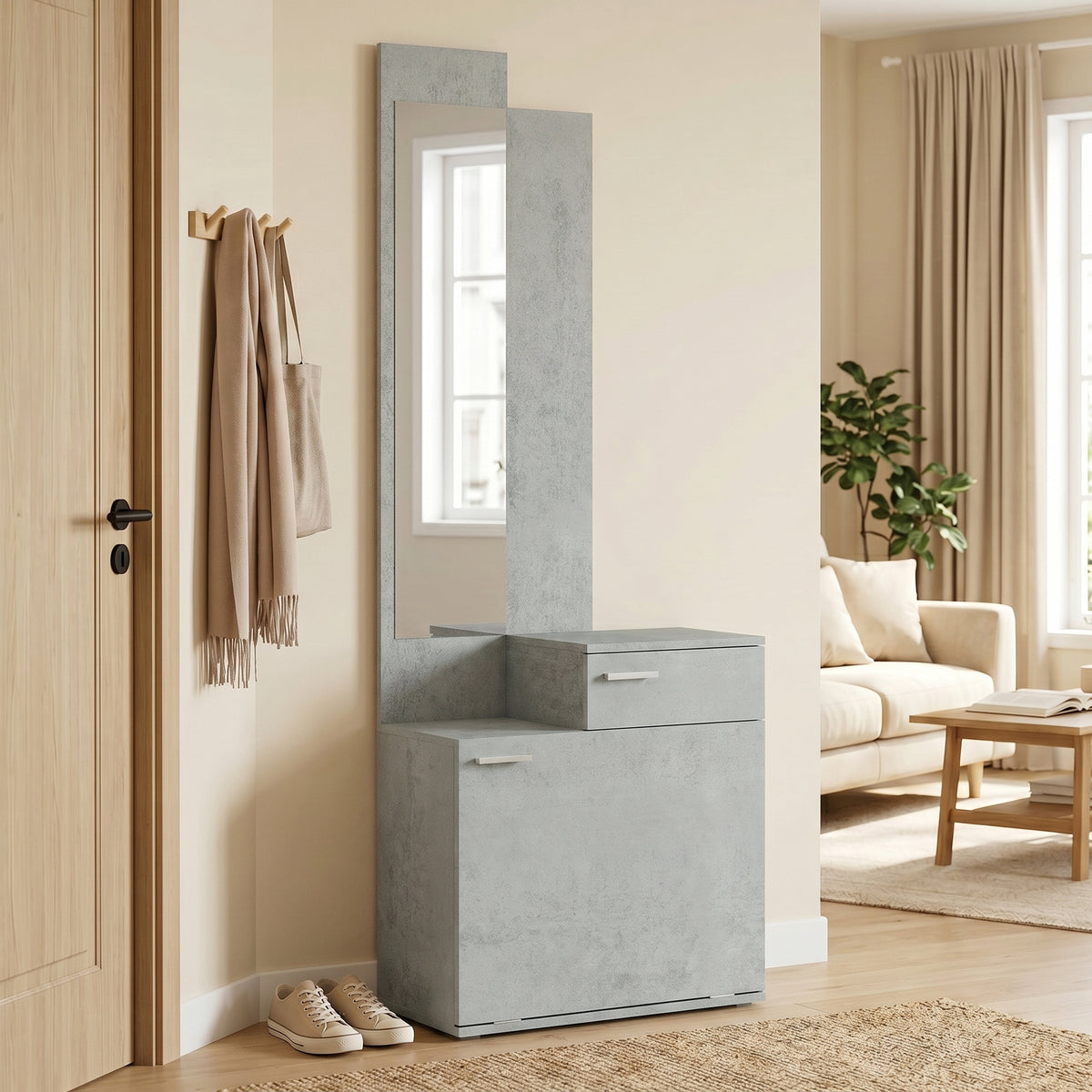 Ensemble meuble d'entrée avec meuble à chaussures abattant, vestiaire avec miroir, tiroir et plateau, gris-1