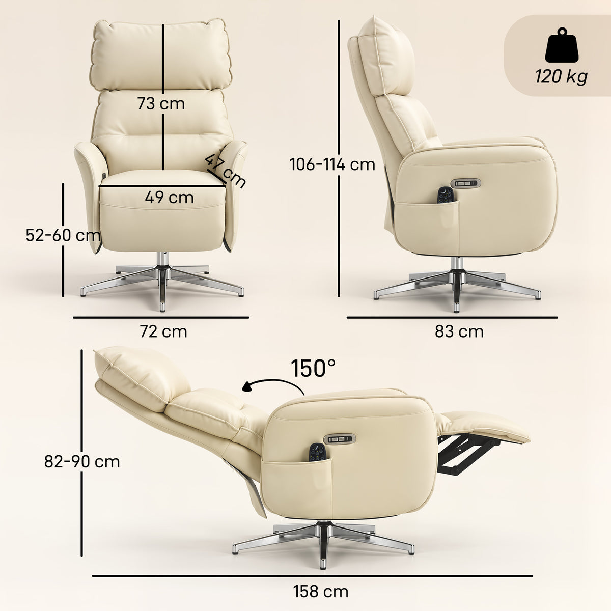 Fauteuil Relax Électrique Pivotant Massant et Chauffant Fauteuil Inclinable en PU Hauteur Réglable Double Moteur Crème-2