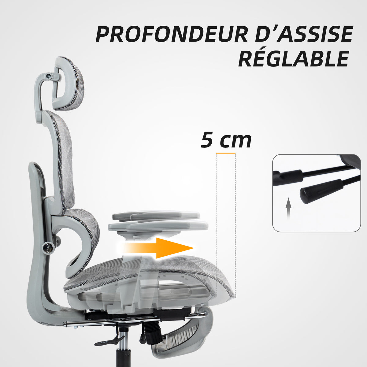 Fauteuil de bureau, chaise de bureau ergonomique en maille avec accoudoirs 3D, dossier inclinable, 66x64x122 cm, gris-4