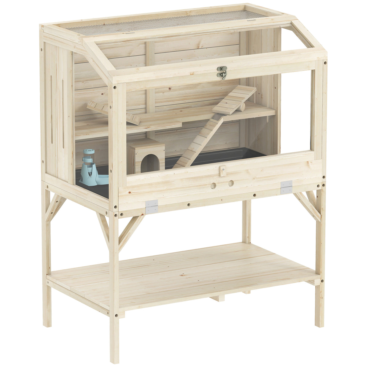 Cage hamster en bois, cage rongeur à 2 niveaux, étagère de rangement, couvercle ouvrant, 84 x 53 x 110 cm, bois naturel-0