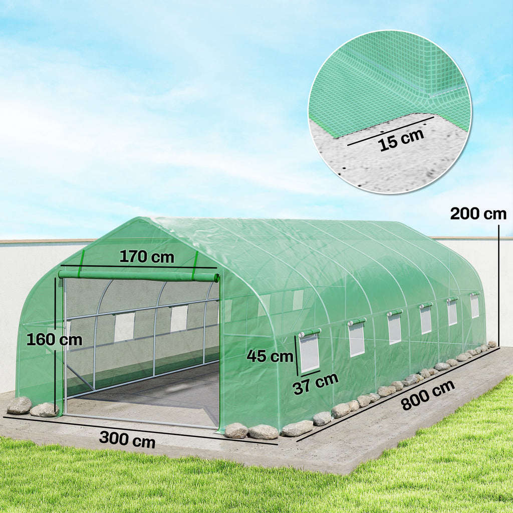Serre de jardin tunnel grande taille avec bâche PE cadre en acier porte enroulable et 12 fenêtres 8 x 3 x 2 m vert-2