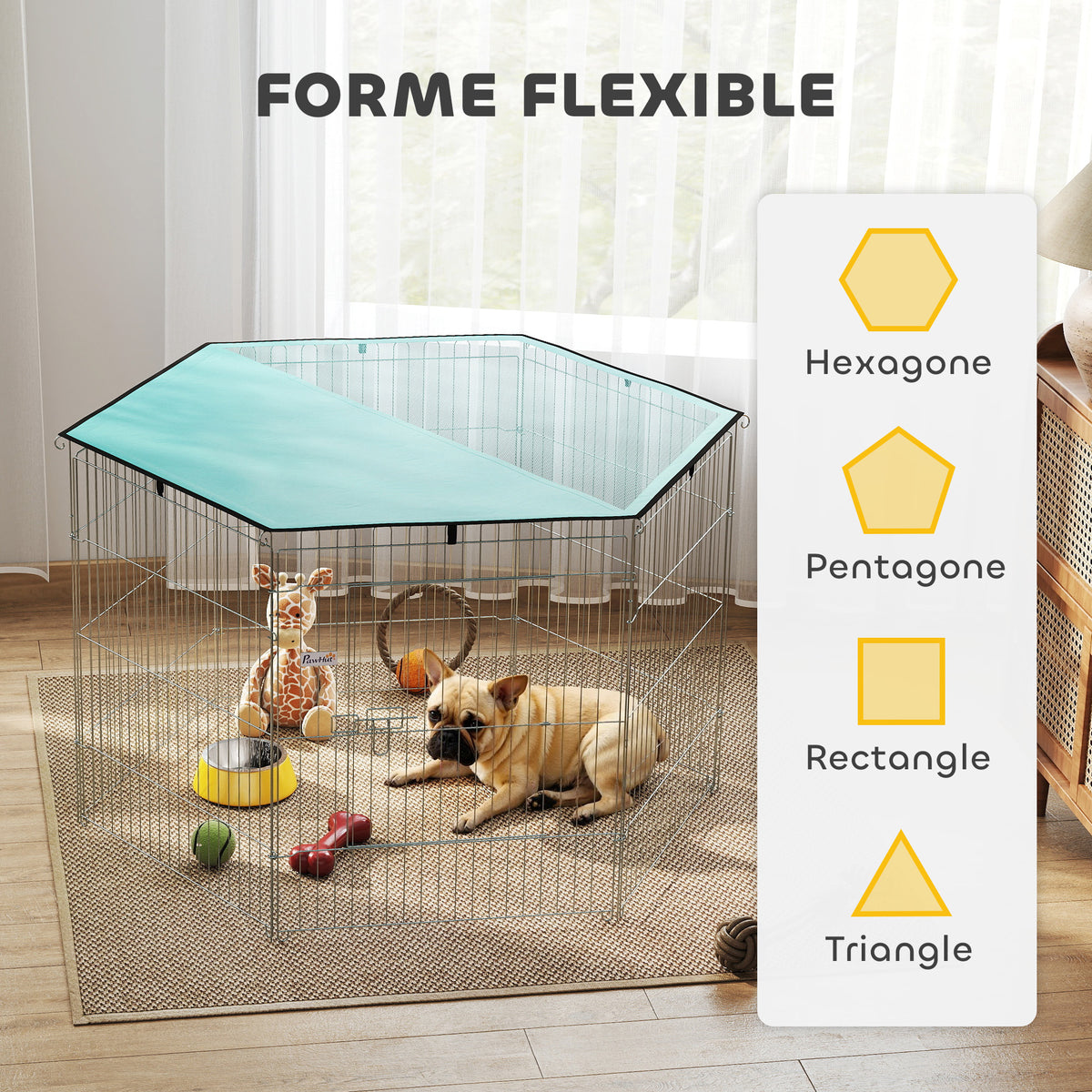 Parc pour chien, enclos chien 6 panneaux avec toit, modulable et pliable, enclos portable 76H cm avec porte argent vert-3