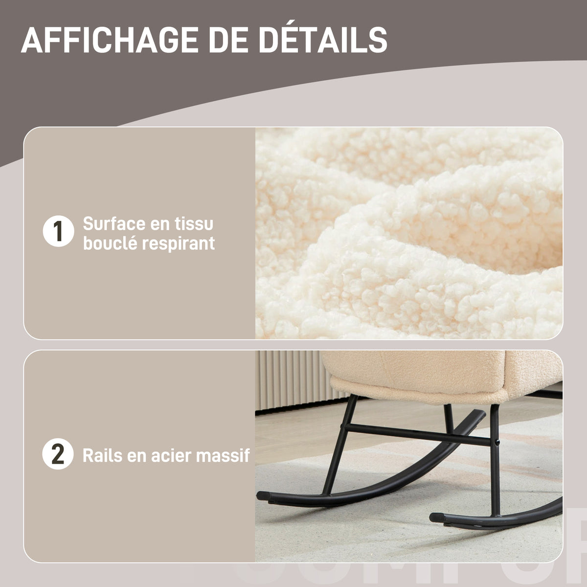 Fauteuil à bascule, chaise à bascule, avec assise de 10 cm d'épaisseur, pieds incurvés en acier, beige et noir-5