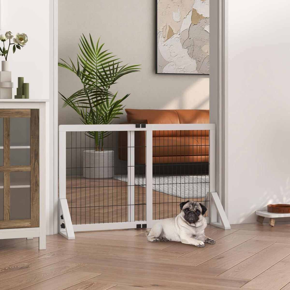 Barrière de sécurité pour chien barrière de protection à 2 panneaux largeur réglable 63-106 cm en bois acier blanc-1