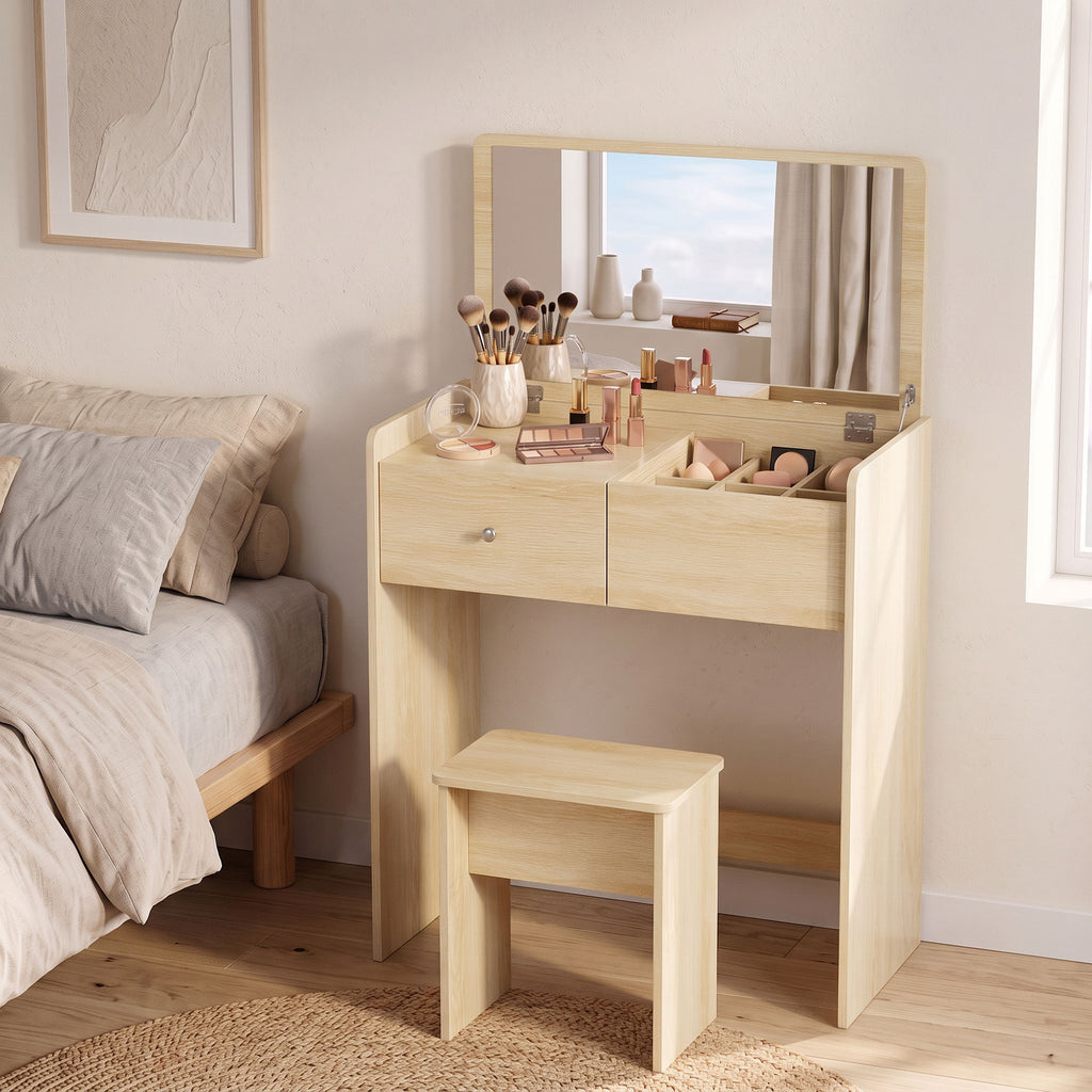 Coiffeuse Bureau 2 en 1 avec Miroir Rabattable et Tabouret, Table de Maquillage avec Tiroir et 6 Compartiments, Chêne-7