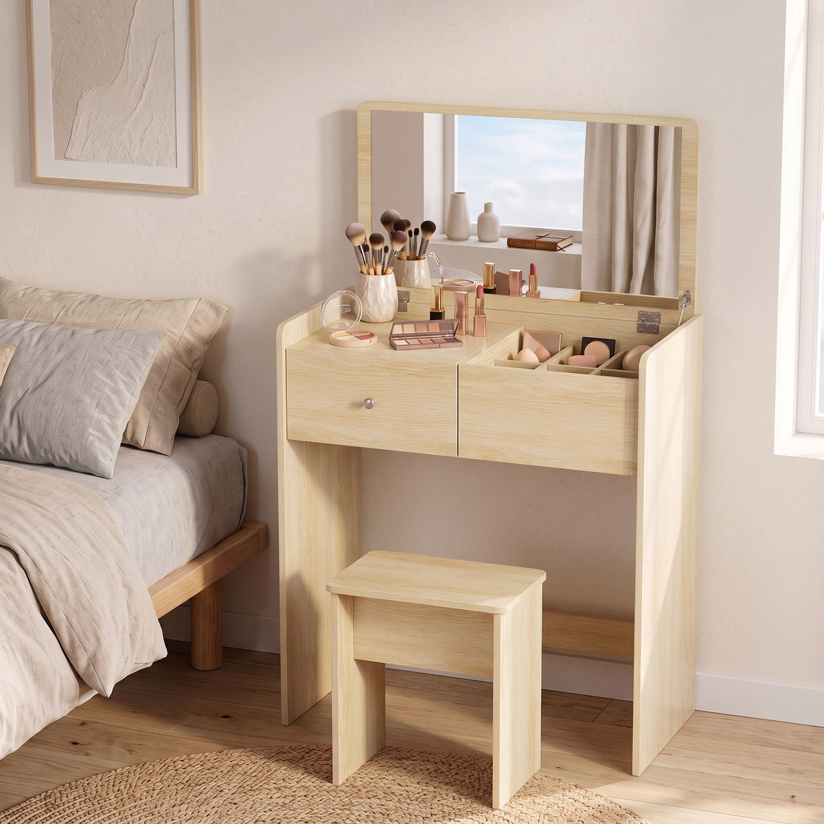 Coiffeuse Bureau 2 en 1 avec Miroir Rabattable et Tabouret, Table de Maquillage avec Tiroir et 6 Compartiments, Chêne-7