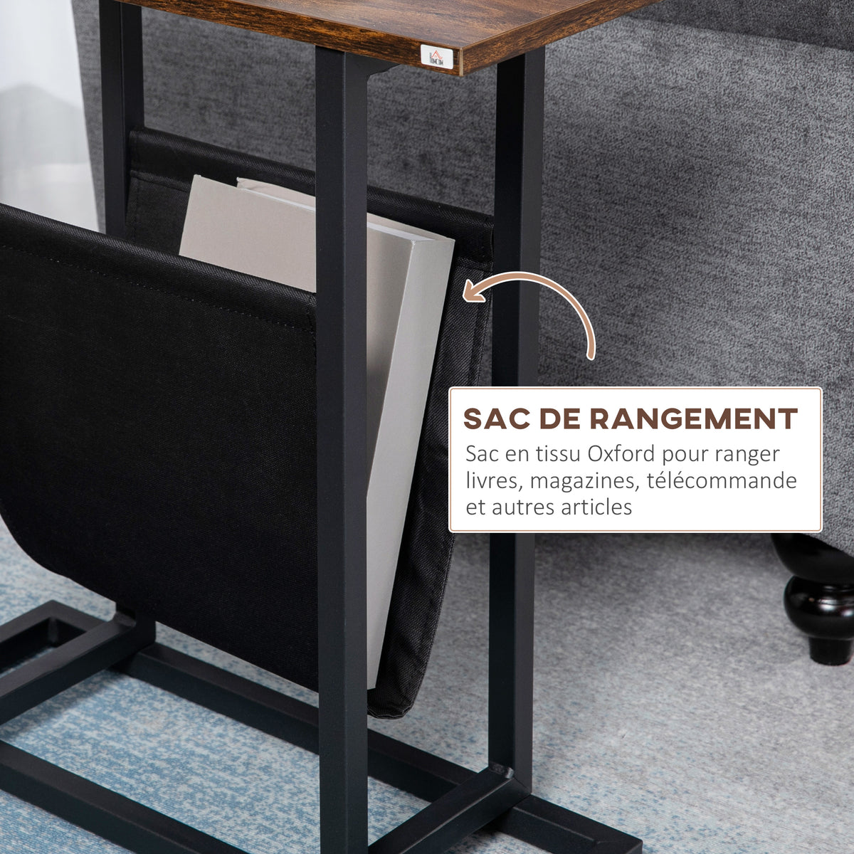 Table d'appoint bout de canapé avec porte-revues strucuture en acier design industriel 49 x 19 x 55 cm noir marron foncé-4