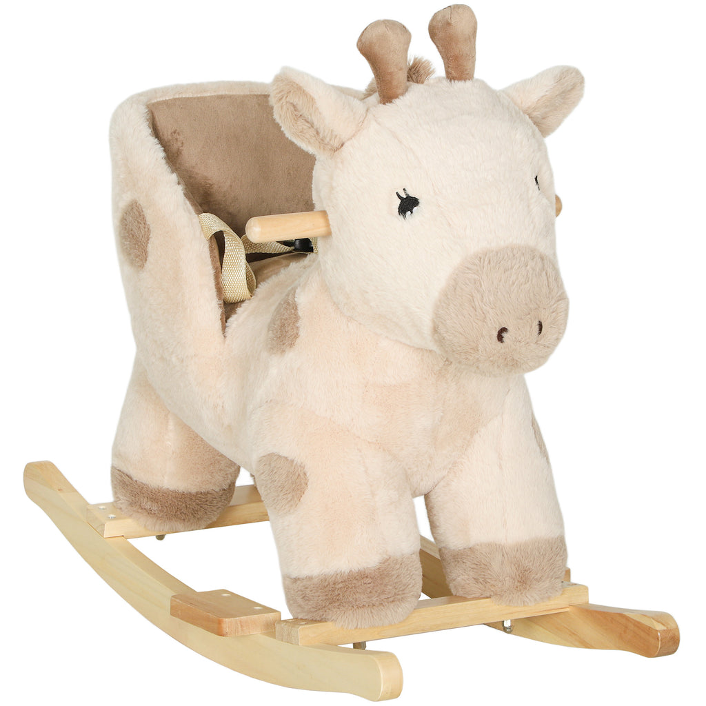 Cheval à bascule pour enfants girafe jouet à bascule bébé avec effet sonore, ceinture de sécurité, 68x35x50cm, beige-0