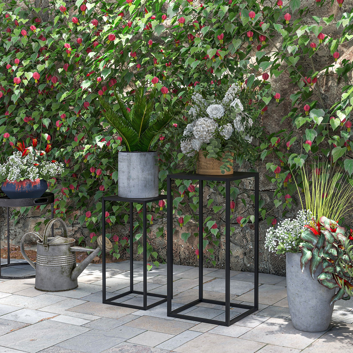 Lot de 2 supports pot de fleurs encastrables 2 hauteurs différentes 58,5 et 65 cm - acier noir-9