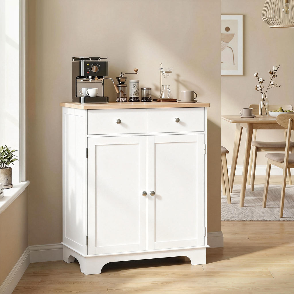 Meuble de rangement buffet salon avec placards à portes, 2 tiroirs et étagère réglable, armoire de rangement pour salon, cuisine, chambre, blanc et bois naturel-8