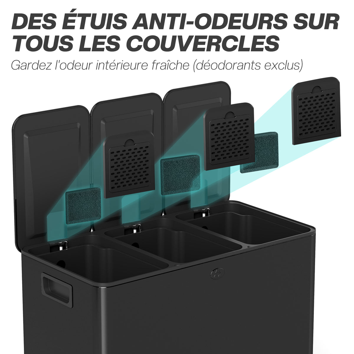 Poubelle de cuisine, poubelle tri sélectif, 3 compartiments de 20L, seaux intérieurs amovibles, 61,9x36,6x56,7cm, noir-4