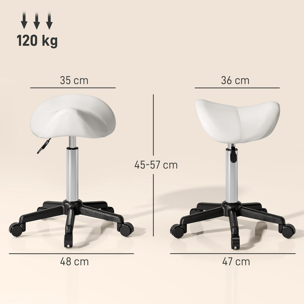 Tabouret à roulettes, chaise de travail avec hauteur réglable 45-57 cm et selle ergonomique, 48x47x45-57cm, blanc-2