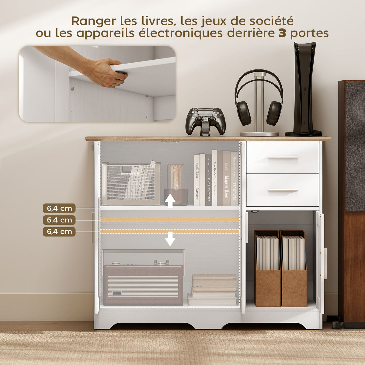 Buffet salon, meuble de rangement avec 2 tiroirs, 3 portes et étagère réglable, 100 x 40 x 78 cm, blanc et bois naturel-3