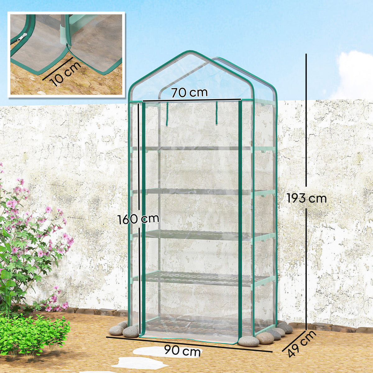 Serre de jardin PVC avec étagères 5 niveaux, serre de balcon, châssis en acier, porte zippée, 90x49x193cm, transparent-2