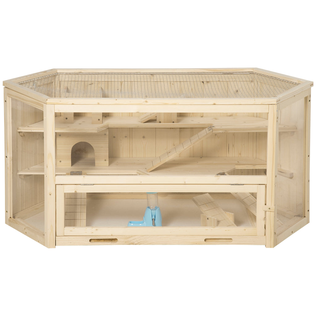 Cage à hamster à 3 niveaux bascules, fenêtres, cabanes, plateau coulissant, 115 x 60 x 55 cm, effet bois naturel-0