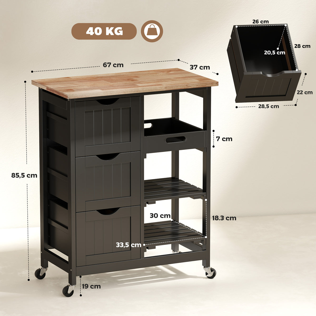Chariot desserte de cuisine à roulettes plan de travail en bois 3 tiroirs et 1 plateau amovible 67 x 37 x 85,5 cm noir-2