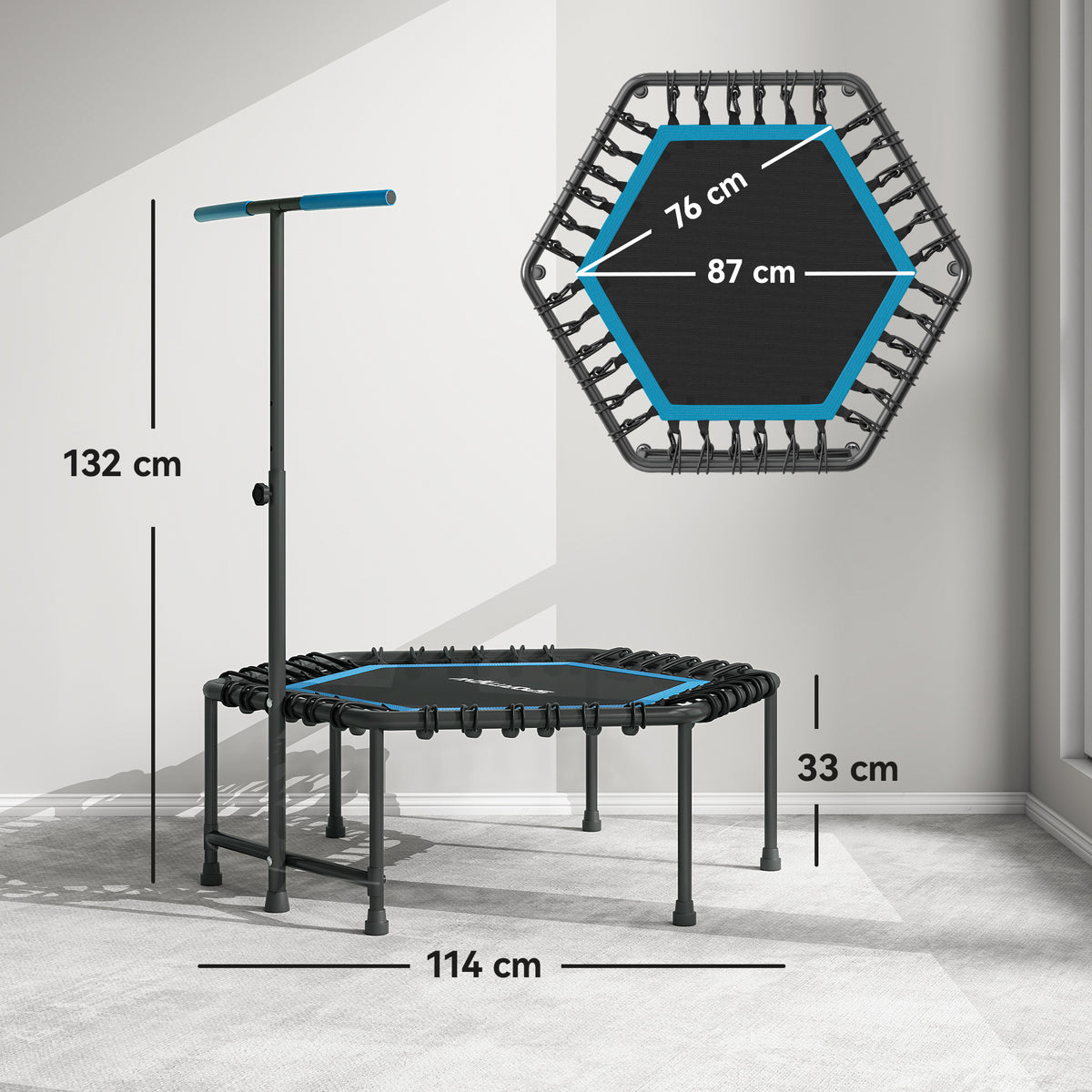 Trampoline de fitness 114 cm, cordes élastiques, poignée réglable 3 positions, trampoline d'exercice silencieux, bleu-2