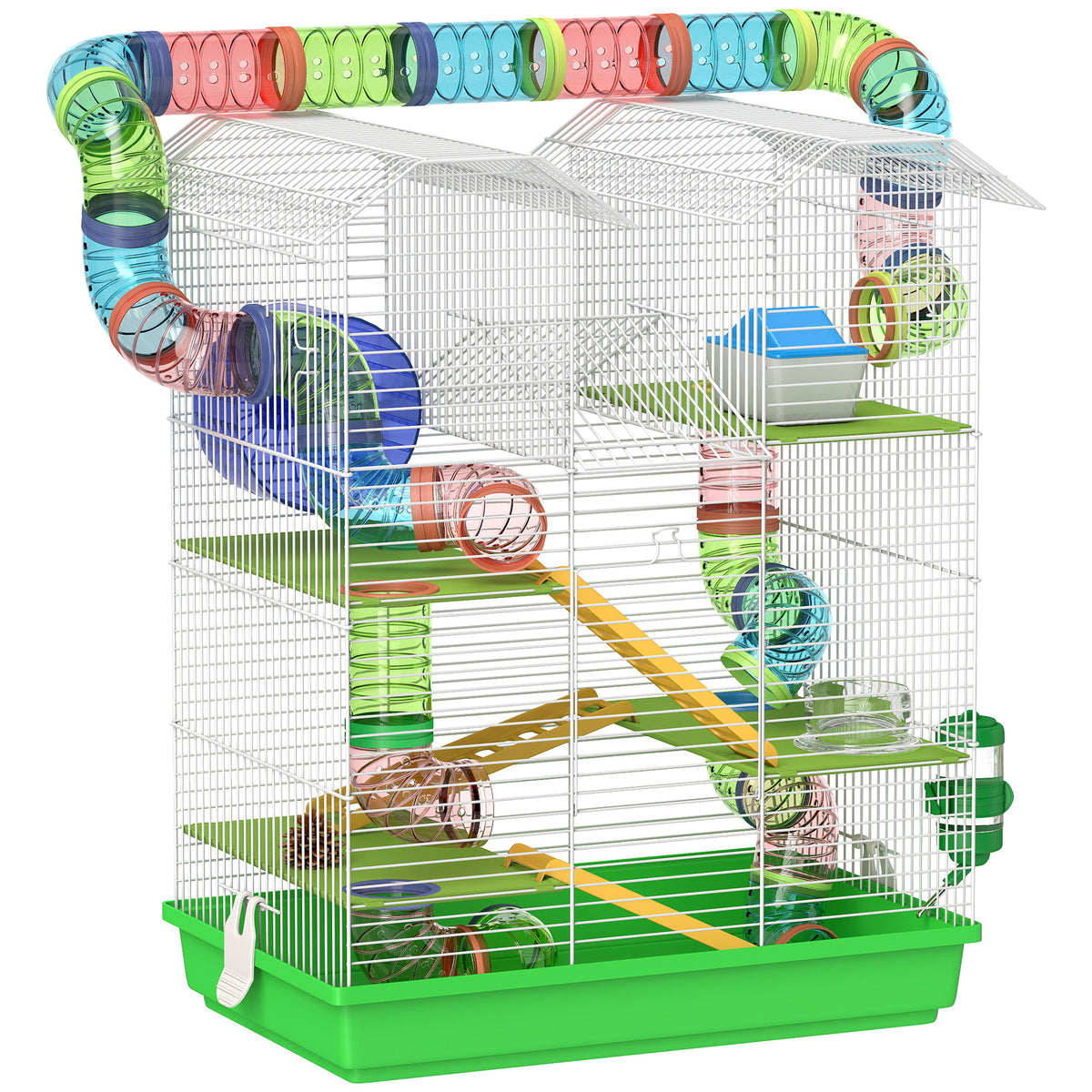 Cage pour hamster souris petit animaux rongeur avec tunnel mangeoire roue jouet 47 x 30 x 59 cm vert-0