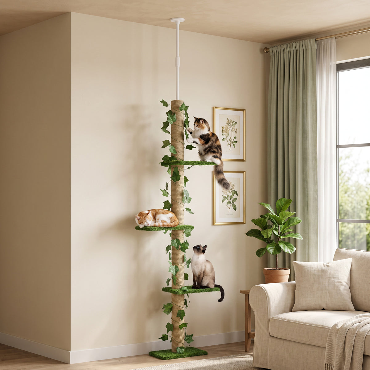 Arbre à chat poteau à griffer fixation plafond hauteur réglable 37 x 21 x 202- 242 cm 4 niveaux vert-7
