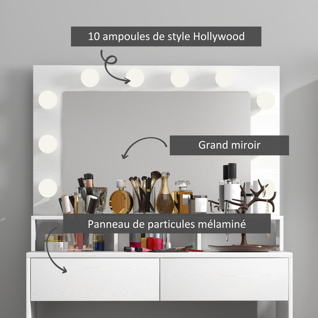 Coiffeuse avec miroir Hollywood, tiroirs, 3 modes d'éclairage, 10 ampoules, 80 x 40 x 135 cm, blanc-5