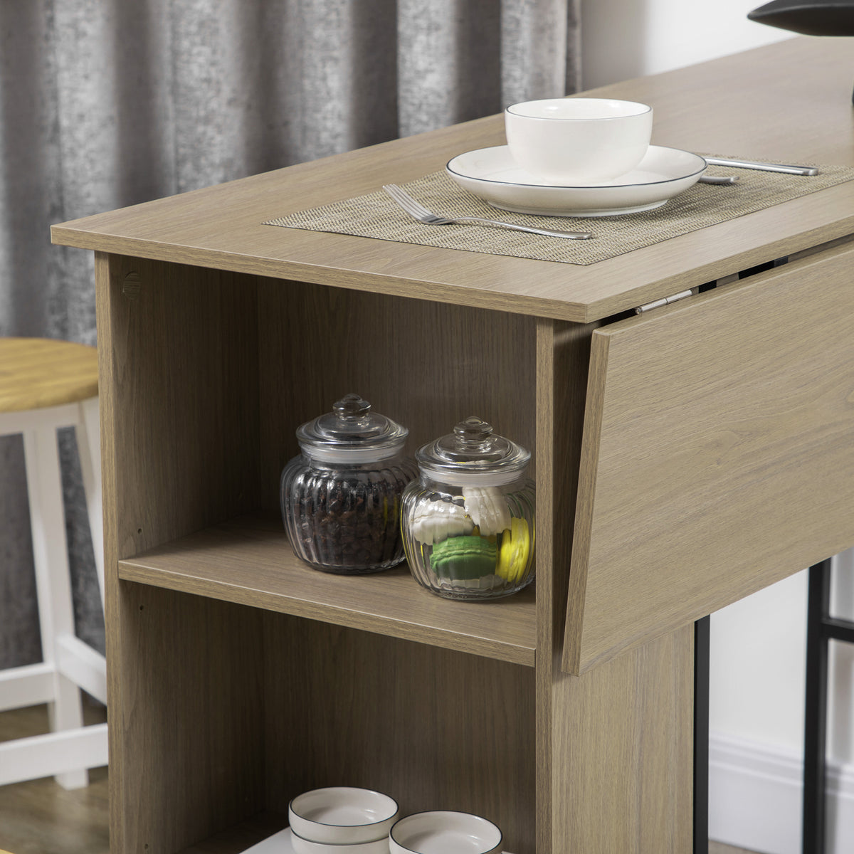 Ilot centra table de bar plateau latéral  rabattable et 3 étagères 120 x 76 x 91,4 cm gris clair-8