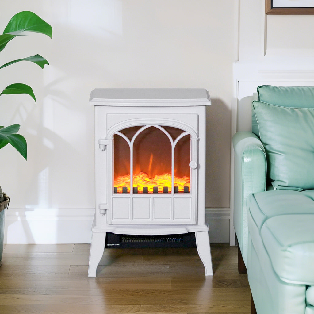 Cheminée électrique sur pied 1000/2000 W, fausse cheminée décorative avec effet flamme LED, blanc-8