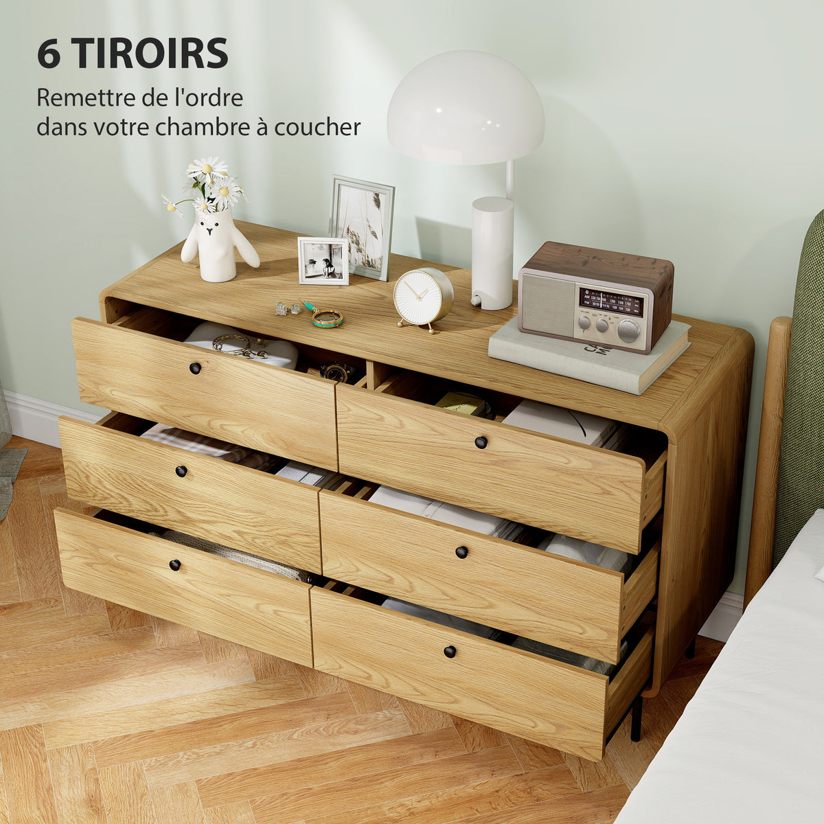 Commode 6 tiroirs meuble de rangement style moderne coins arrondis et pieds en acier 120 x 40 x 75cm effet bois de chêne-3