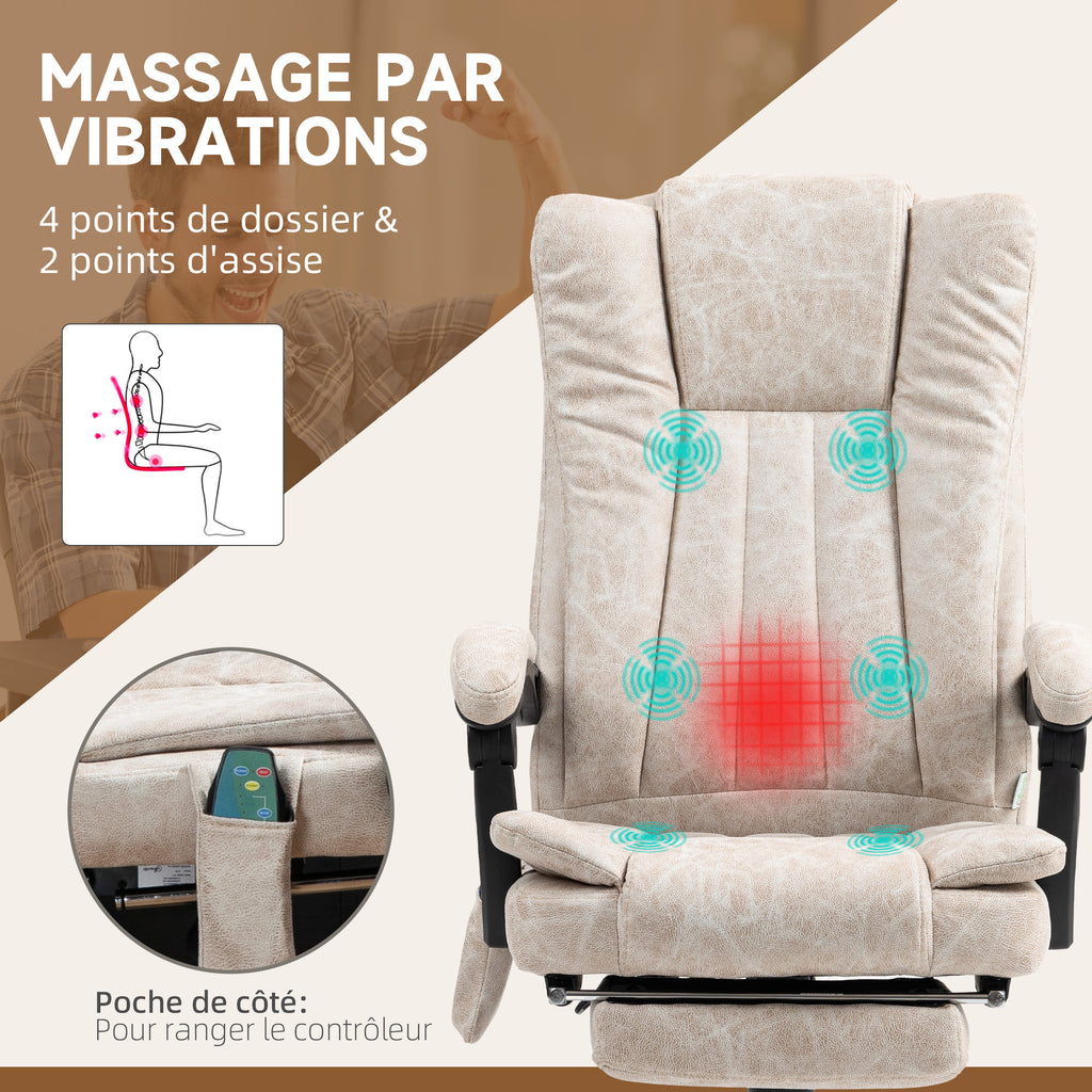 Fauteuil de bureau massant et chauffant avec hauteur réglable, dossier inclinable, repose-pied et télécommande, crème-3