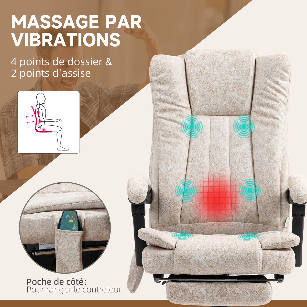 Fauteuil de bureau massant et chauffant avec hauteur réglable, dossier inclinable, repose-pied et télécommande, crème-3