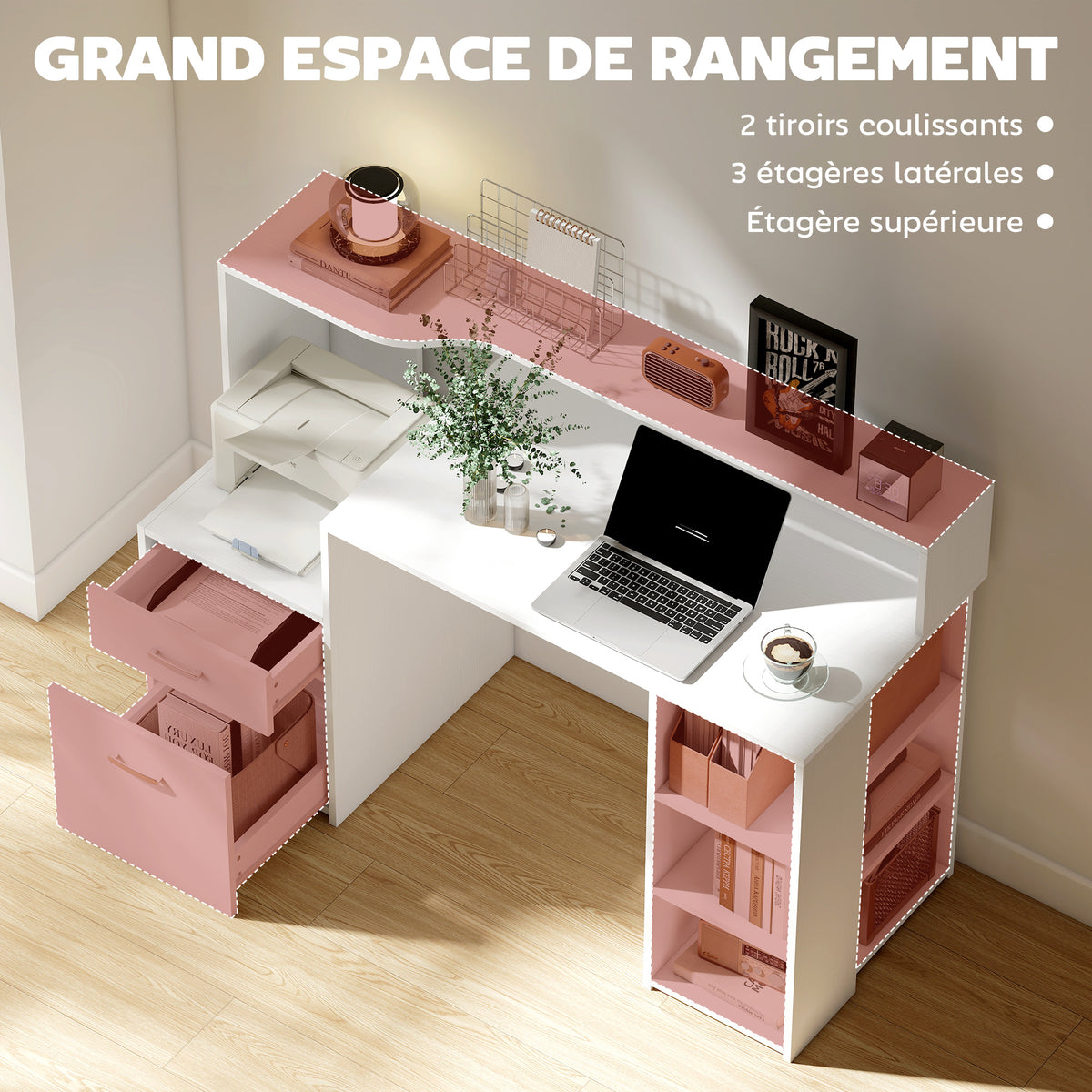 Bureau informatique, bureau avec rangement, 2 tiroirs, étagères ouvertes et tablette d'imprimante, 137x55x92cm, blanc-4