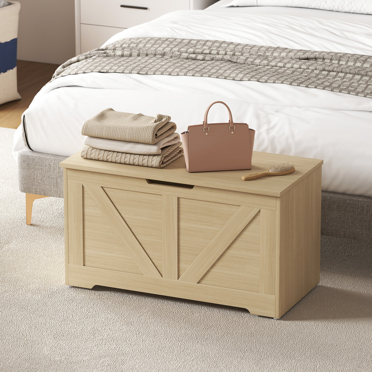 Coffre de rangement, banc de rangement avec couvercle rabattable et charnières de sécurité, 80 x 40 x 45 cm, bois naturel-7