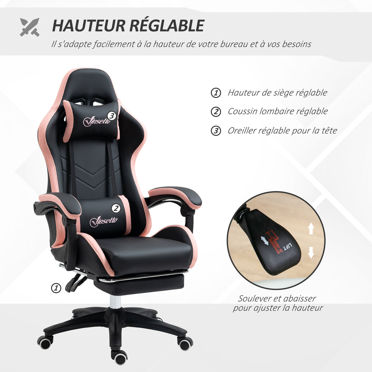 Chaise gaming fauteuil gaming ergonomique avec dossier inclinable à 135° et soutien lombaire, 65 x 65 x 121-129 cm rose-3