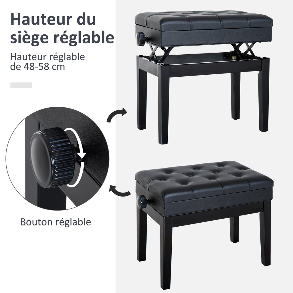 Banc de piano, banc de clavier réglable en hauteur en bois massif, tabouret piano avec compartiment caché, siège rembourré polyuréthane à 10 boutons, stable et antidérapant, charge 200kg, noir-3