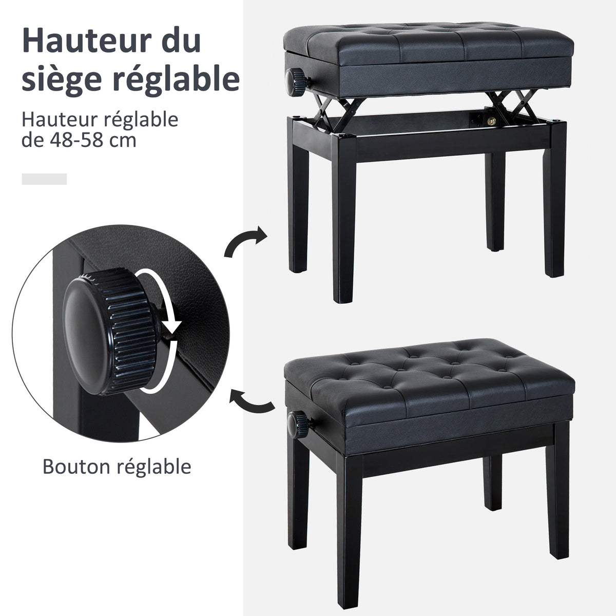 Banc de piano, banc de clavier réglable en hauteur en bois massif, tabouret piano avec compartiment caché, siège rembourré polyuréthane à 10 boutons, stable et antidérapant, charge 200kg, noir-3