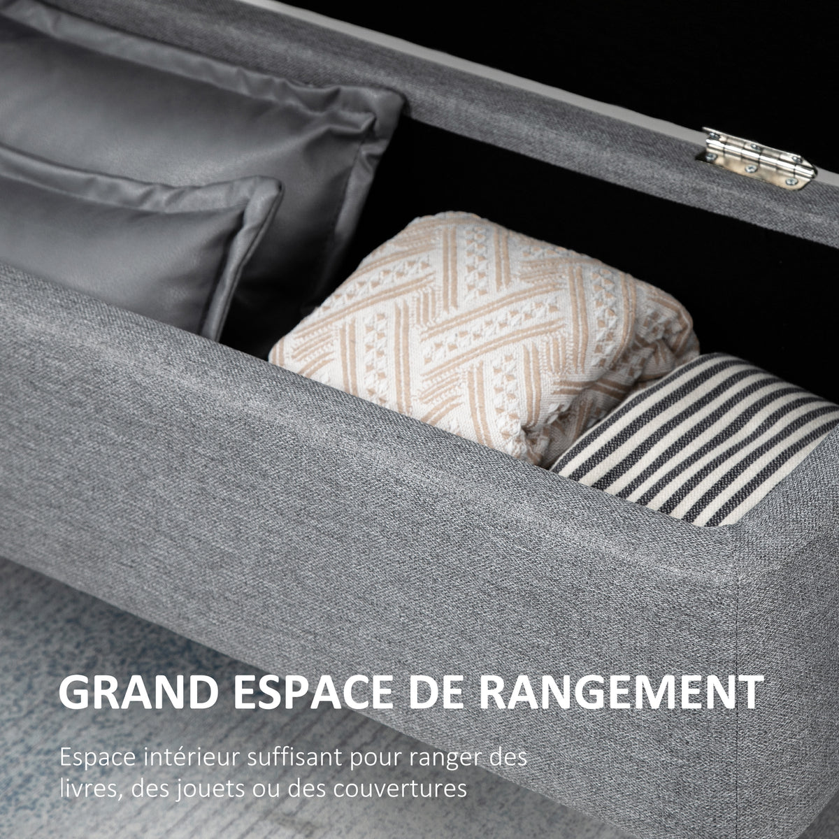 Banc banquette coffre de rangement 2 en 1 en tissu avec pieds en acier noir 102 x 40 x 39,5 cm gris-3
