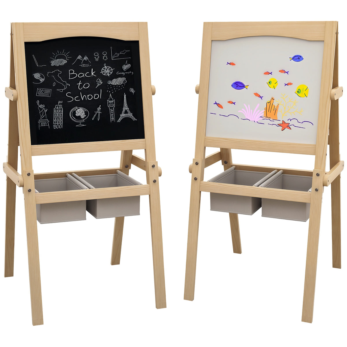 Tableau chevalet enfant ardoise double face tableau blanc tableau à craie rouleau papier 58 x 50,5 x 109 cm naturel-0
