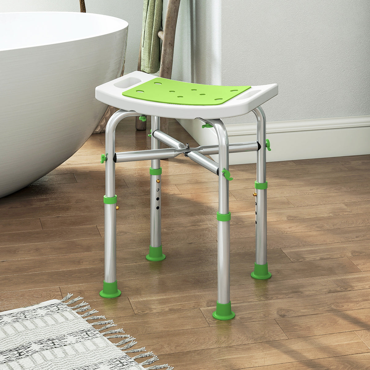 Tabouret de douche chaise de douche - assise rembourré et réglable, patins à ventouses antidérapants, en aluminium vert-1