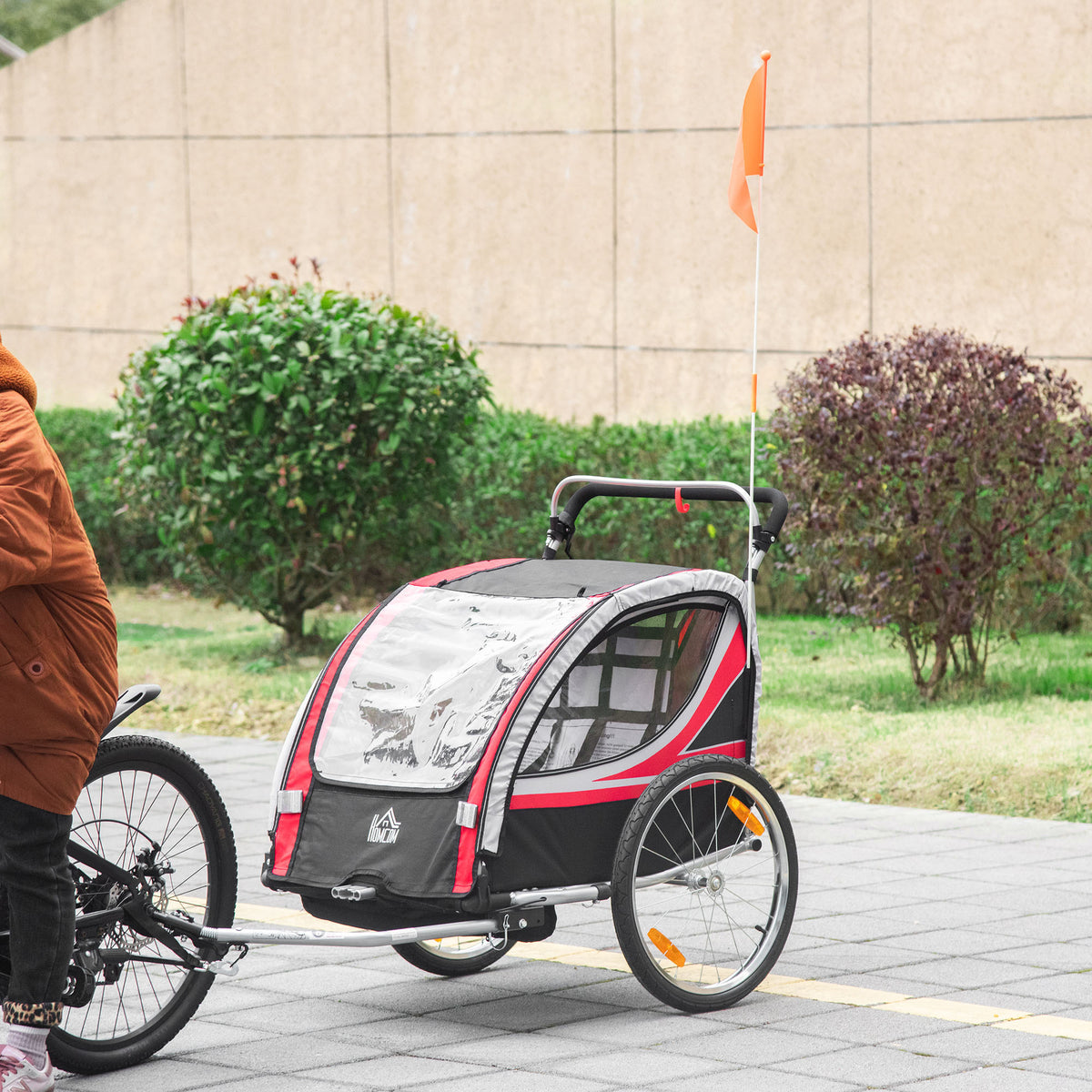 Remorque vélo pour enfant 2 en 1 convertible jogger poussette capacité 26,4 kg avec réflecteurs et drapeau - 2 places  - rouge-1