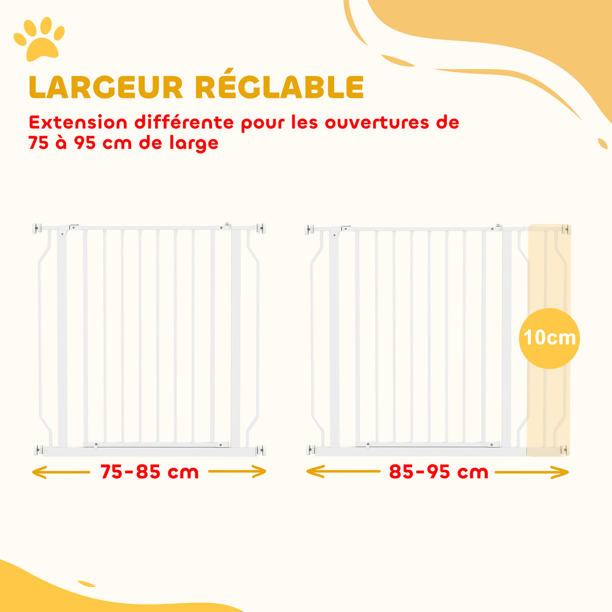 Barrière de sécurité chien barrière extensible 75-95 x 76 cm barrière escaliers couloirs portes sans perçage en acier et ABS blanc-3