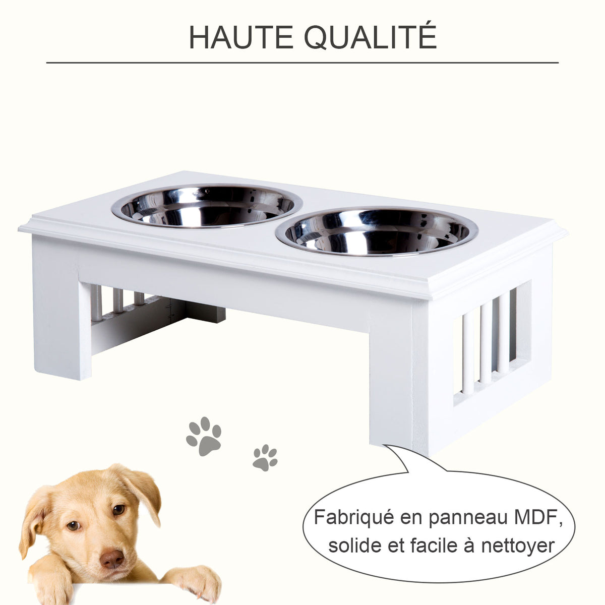 Gamelles chiens surélevées gamelle double chien chat Porte-gamelles surélevé dim. 44L x 24l x 15H cm 2 gamelles 0,9L acier inox. incluses bois blanc-5