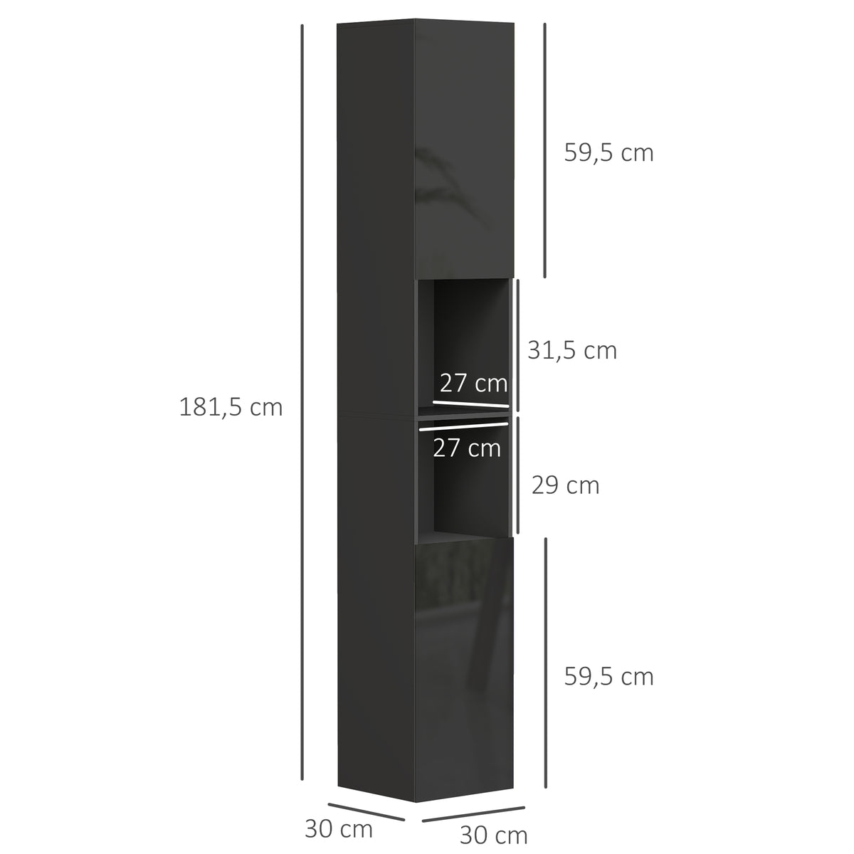 Meuble colonne de salle de bain 2 placards avec étagères réglables + 2 niches 30 x 30 x 181,5 cm noir-2